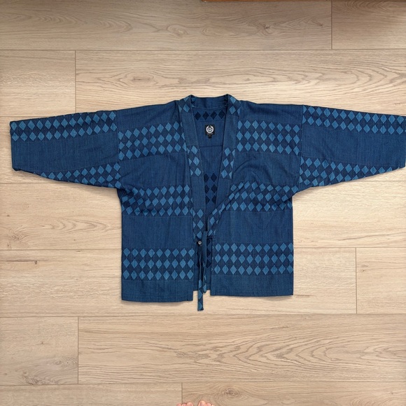 Aoyama Daruma Japan Indigo Sashiko Hanten Haori Kimono Cardigan Diamond - Picture 11 of 11